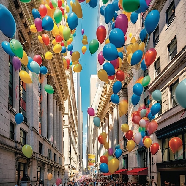 globos flotando en el aire sobre una calle.