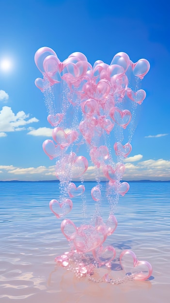 Foto globos en forma de corazón flotando en el agua con el sol en el fondo