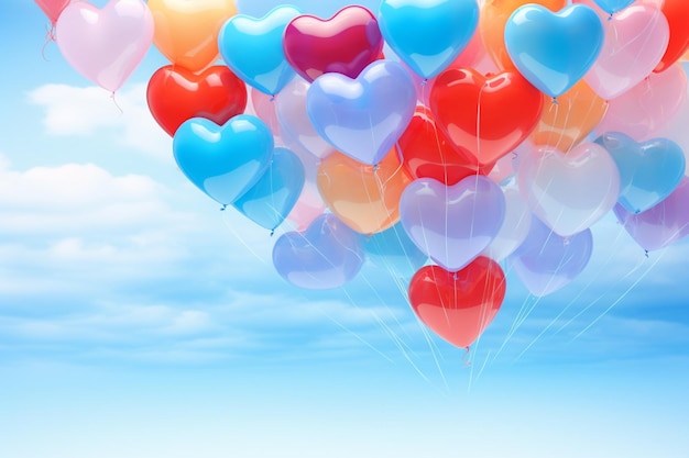 Globos en forma de corazón flotando en el cielo azul