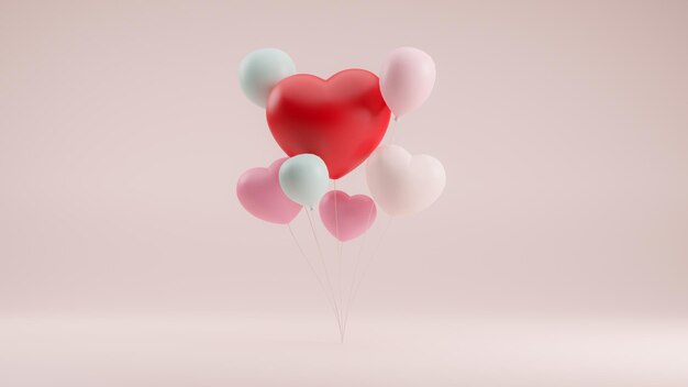 Globos en forma de corazón. Lindos globos. Ilustración 3D.