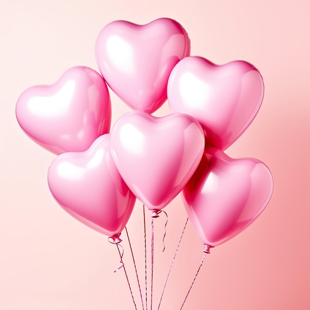 Globos en forma de corazón rosa sobre fondo de color pastel