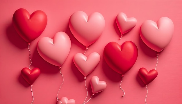 Globos en forma de corazón sobre fondo rosa, celebración del Día de San Valentín