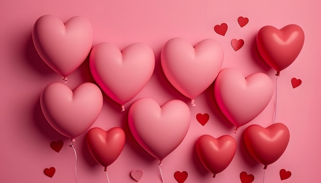 Globos en forma de corazón sobre fondo rosa, celebración del Día de San Valentín