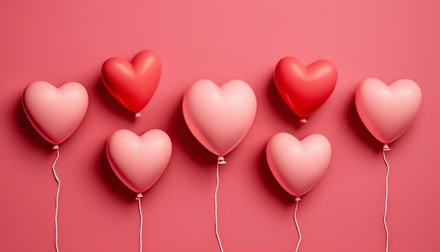Globos en forma de corazón sobre fondo rosa, celebración del Día de San Valentín