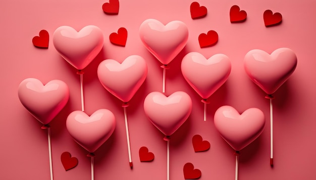 Globos en forma de corazón sobre fondo rosa, celebración del Día de San Valentín