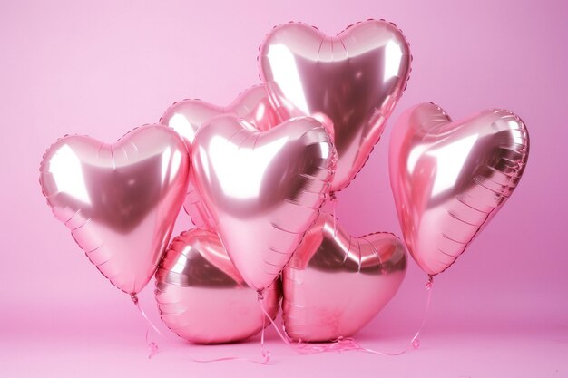 Globos de helio en forma de corazón rosa vibrante sobre fondo rosa pastel