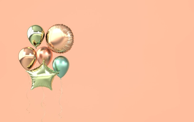 Globos de lámina de colores y oro aislados sobre fondo naranja 3d render Esfera y forma de estrella