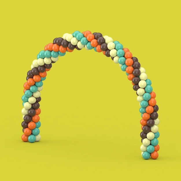 Globos marrones, azules y naranjas en forma de arco, puerta o portal sobre un fondo verde. Representación 3D