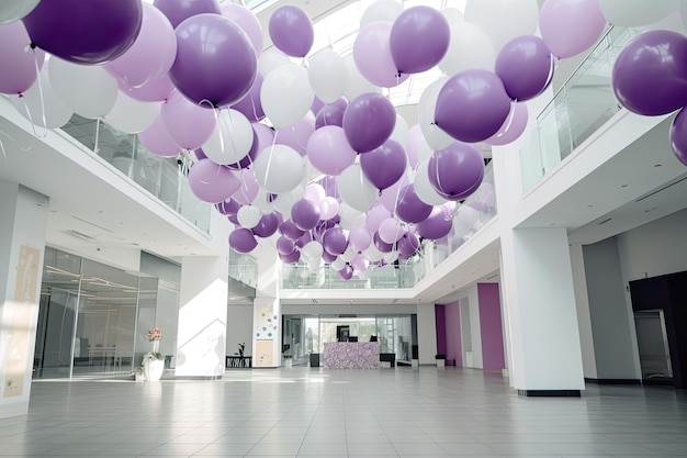 Globos morados y blancos suspendidos del techo de un área de recepción