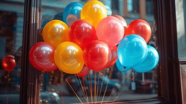 Foto los globos multicolores decoran las ventanas de una pequeña tienda callejera diseño conceptual de inflables