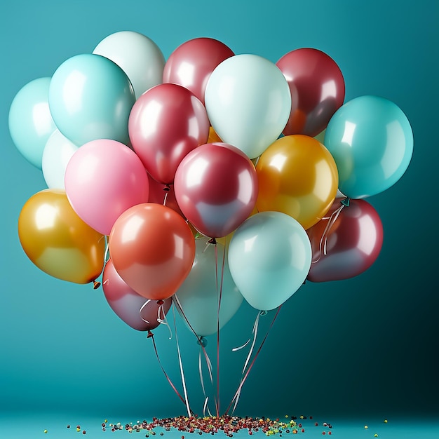 Globos multicolores llenos de elemento de diseño de helio para pancarta navideña Ilustración de tarjeta de Año Nuevo generada por IA