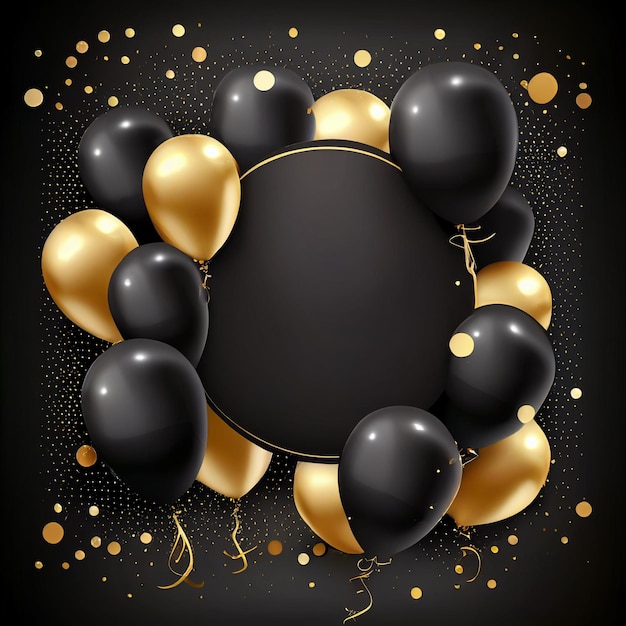 Globos negros y dorados sobre un fondo negro con confeti 3d ilustración generativa ai