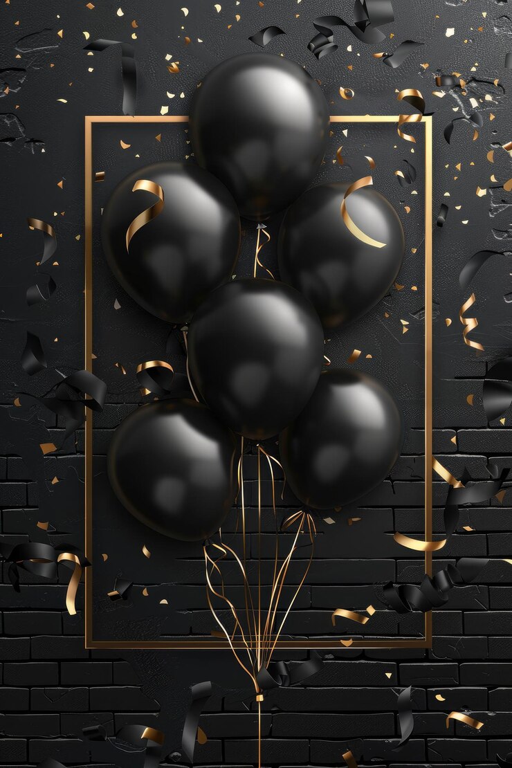 globos negros con oro y chispas de oro y un fondo negro con chispas de Oro