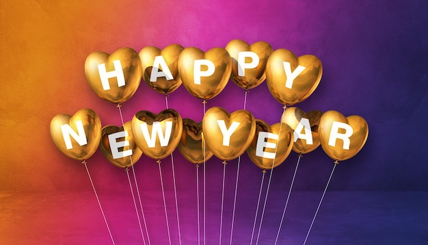 Globos de oro feliz año nuevo en forma de corazón sobre un fondo de arco iris. Banner horizontal. Ilustración 3D render