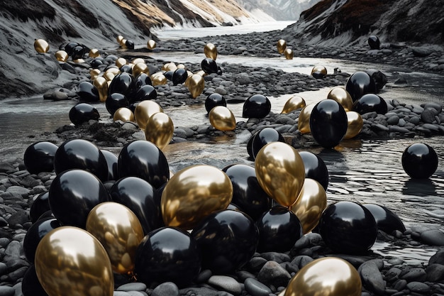 Globos de oro y plata negros de lujo en el fondo de la naturaleza