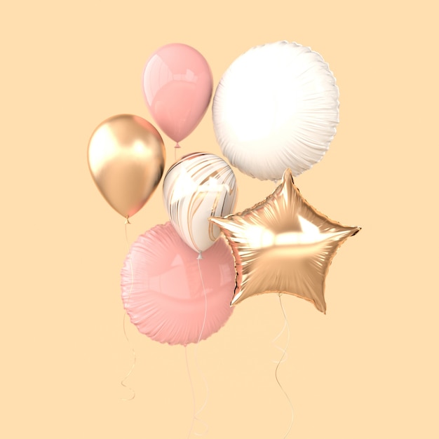 Globos de papel de colores y dorados aislados sobre fondo beige