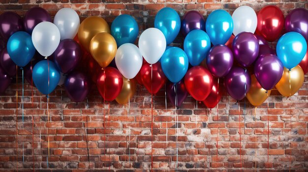 Globos en una pared de ladrillos con una pared de ladrillos y un fondo de ladrillos