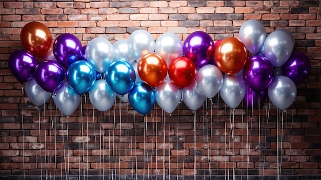 Globos en una pared de ladrillos con una pared de ladrillos en el fondo