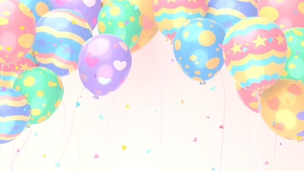 Globos de patrones de colores renderizados en 3D con confeti que cae