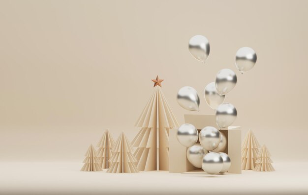 Los globos plateados flotan fuera de la caja con fondo blanco Feliz Navidad abstracto 3D render ilustración