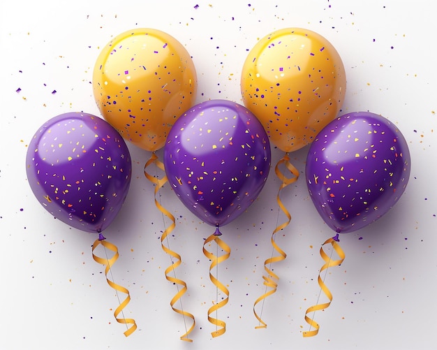 globos púrpuras y amarillas con brillo dorado y uno amarillo que dice "feliz cumpleaños"