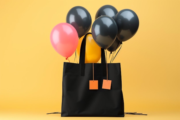 Los globos realzan una elegante bolsa de compras negra creando un alegre contraste.