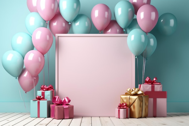 los globos y regalos están frente a un marco en blanco con un fondo rosa y azul generativo ai