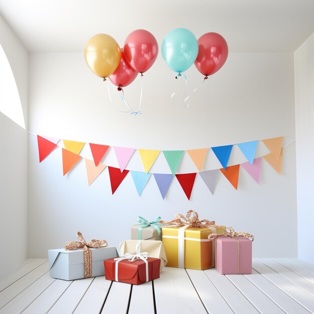 Foto los globos y regalos están en una mesa con un colorido bunting generativo ai