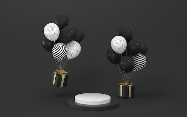 Globos y regalos con renderizado 3d de fondo