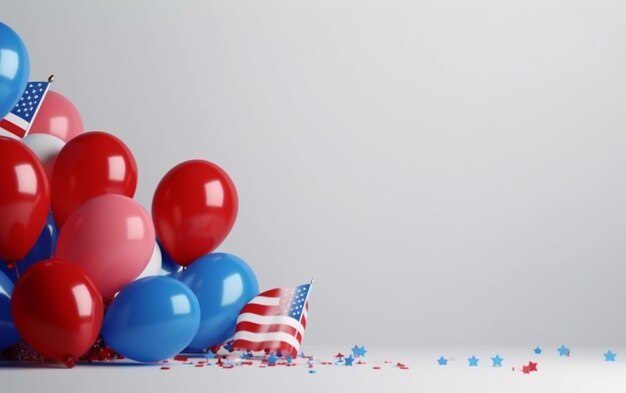 Globos rojos y azules con una bandera al fondo