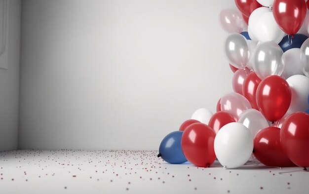 Los globos rojos, blancos y azules se apilan sobre una superficie blanca.