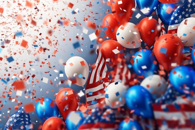 Globos rojos, blancos y azules con una bandera en el centro