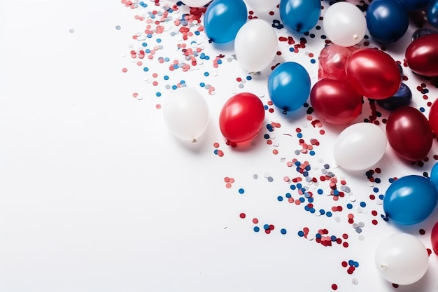 Globos rojos, blancos y azules sobre un fondo blanco.