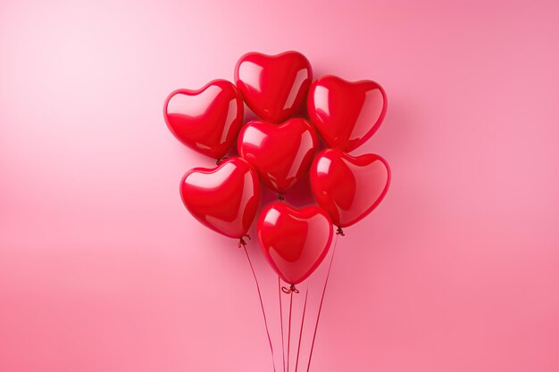 Globos rojos en forma de corazón sobre fondo rosa.