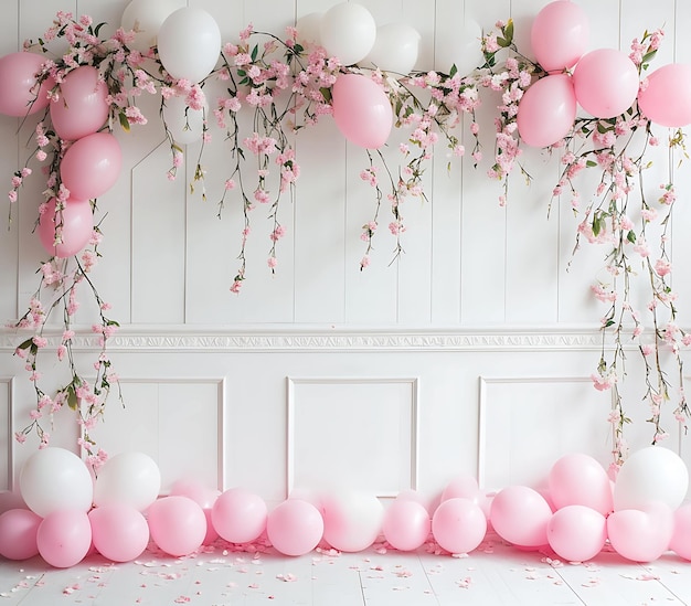 globos rosa con flores blancas y globos rosados sobre un fondo blanco