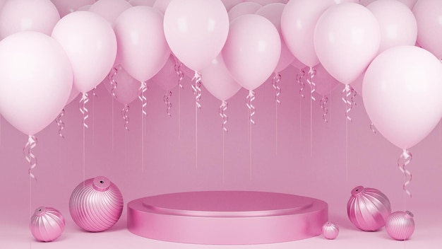 Globos rosa flotando con podio y adorno en fondo rosa pastel., Fiesta de cumpleaños y concepto de año nuevo, modelo 3d e ilustración.