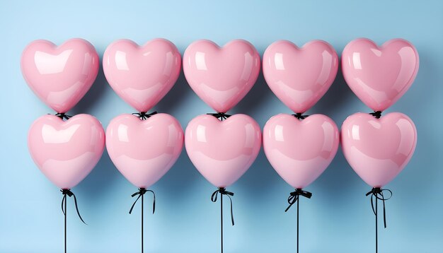 Globos rosados brillantes en forma de corazón sobre un fondo azul