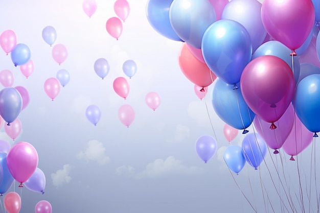 globos rosados, púrpuras y azules con un fondo de cielo