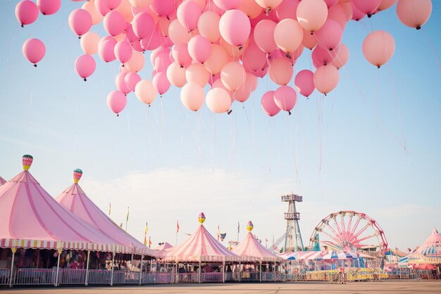 Los globos rosados que flotan por encima de un carnaval.