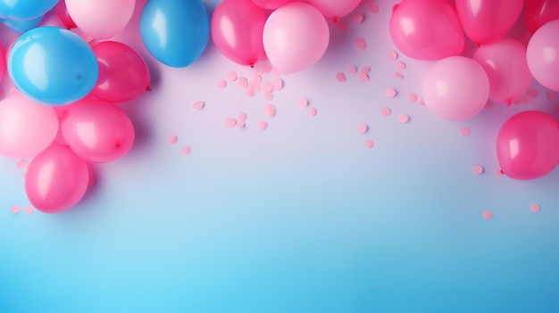 Globos rosas y azules con corazones sobre un fondo azul.