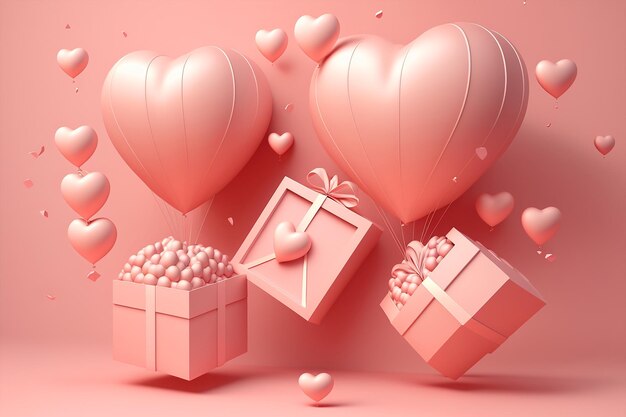 Globos rosas y una caja con un corazón.