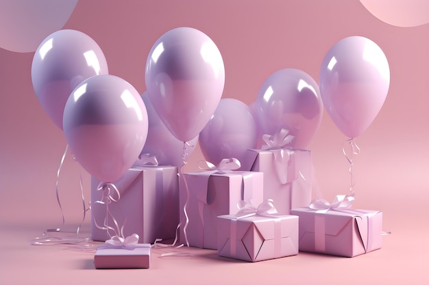 Globos rosas con una cinta atada alrededor de ellos y una caja de regalo sobre un fondo rosa