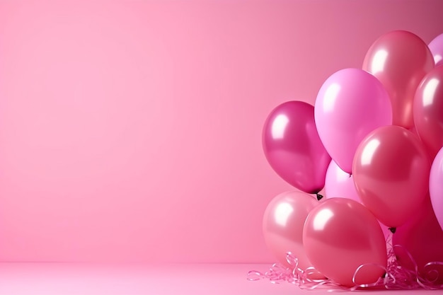 Globos sobre fondo rosa con espacio libre para texto Celebración de cumpleaños decoración de boda o baby shower Idea creativa mínima para tarjeta de felicitación de fiesta y celebración generada por IA