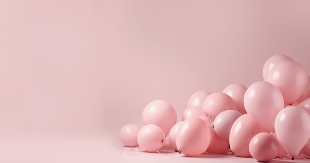 Globos sobre fondo rosa pastel Marco hecho de globos blancos y rosas Concepto de vacaciones de cumpleaños