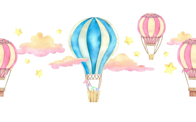 Los globos son azules y rosados en nubes y estrellas Ilustración en acuarela a mano estandarte sin costuras Marco de borde para postales Decoración de habitaciones y fiestas infantiles
