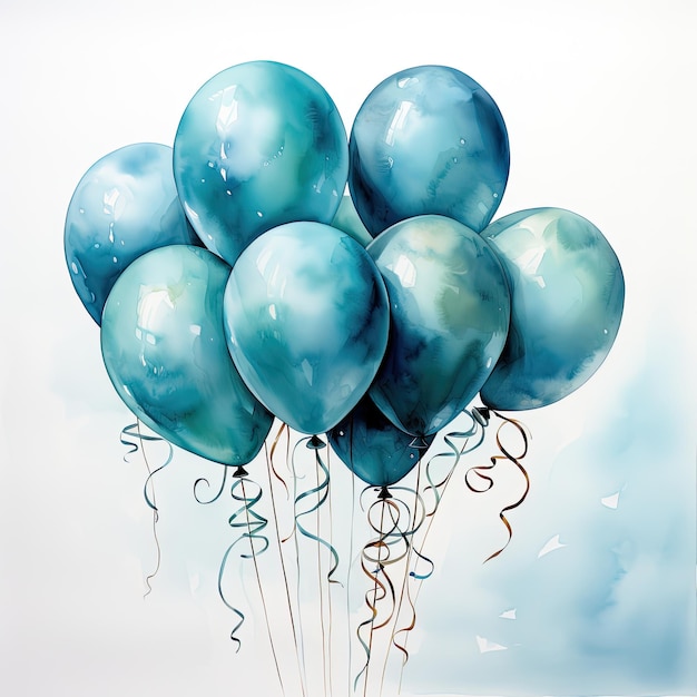 globos en tonos azules en un estilo de acuarela