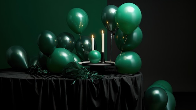 Globos verdes y velas sobre una mesa negra.
