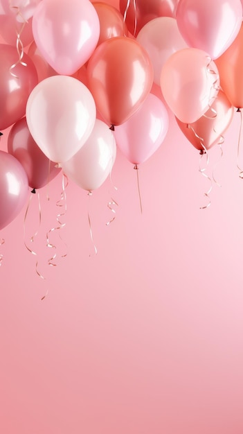 globos verticales y confeti sobre un fondo rosa con espacio para copiar banner en blanco