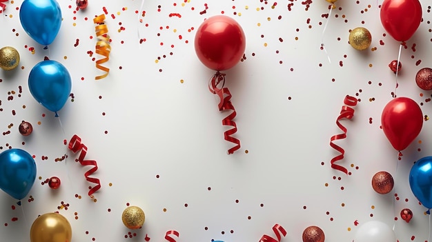 Los globos vibrantes y los confeti crean una exhibición colorida sobre un fondo blanco