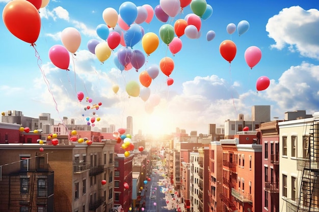 Foto globos volando sobre una calle con el sol poniéndose detrás de ellos